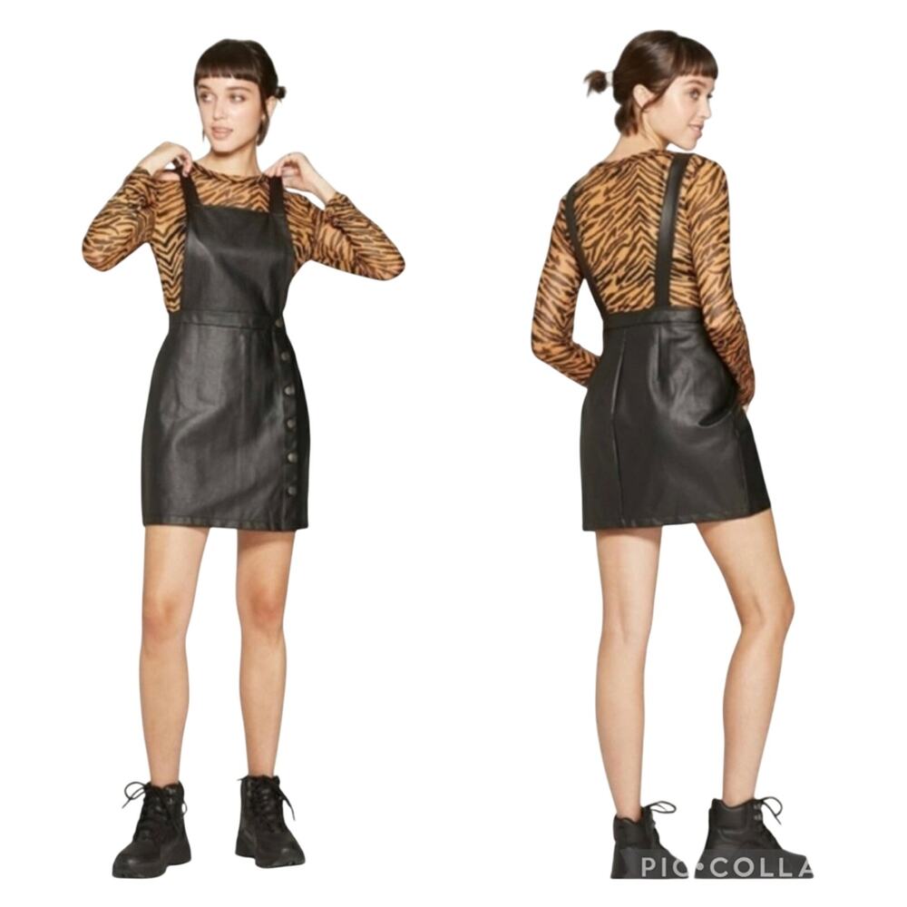 NWT Wild Fable Black Faux Leather Pinafore Overall Mini Dress Jumper Womens XS